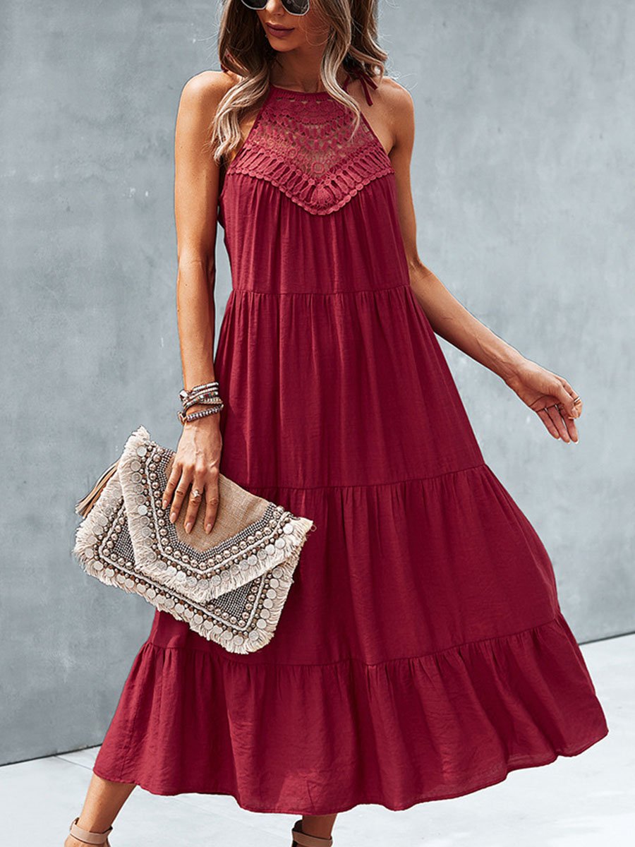 Halter Neck Hollow-out Lace Stiching Midi Dress