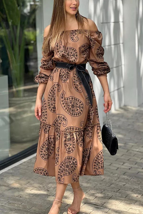 Dynamic Love Printed Off The Shoulder Midi Dress