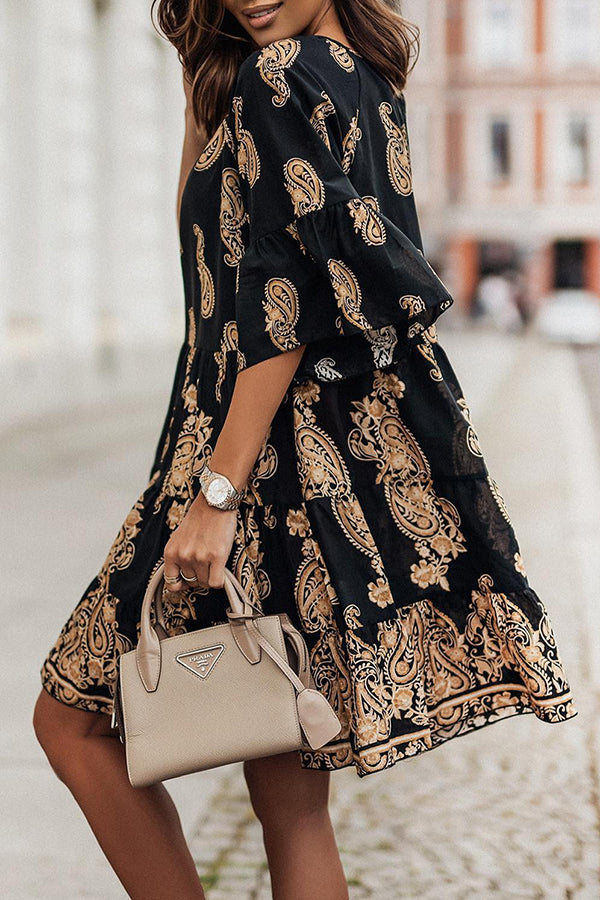 Ethnic Print Tie Mid Sleeve Mini Dress