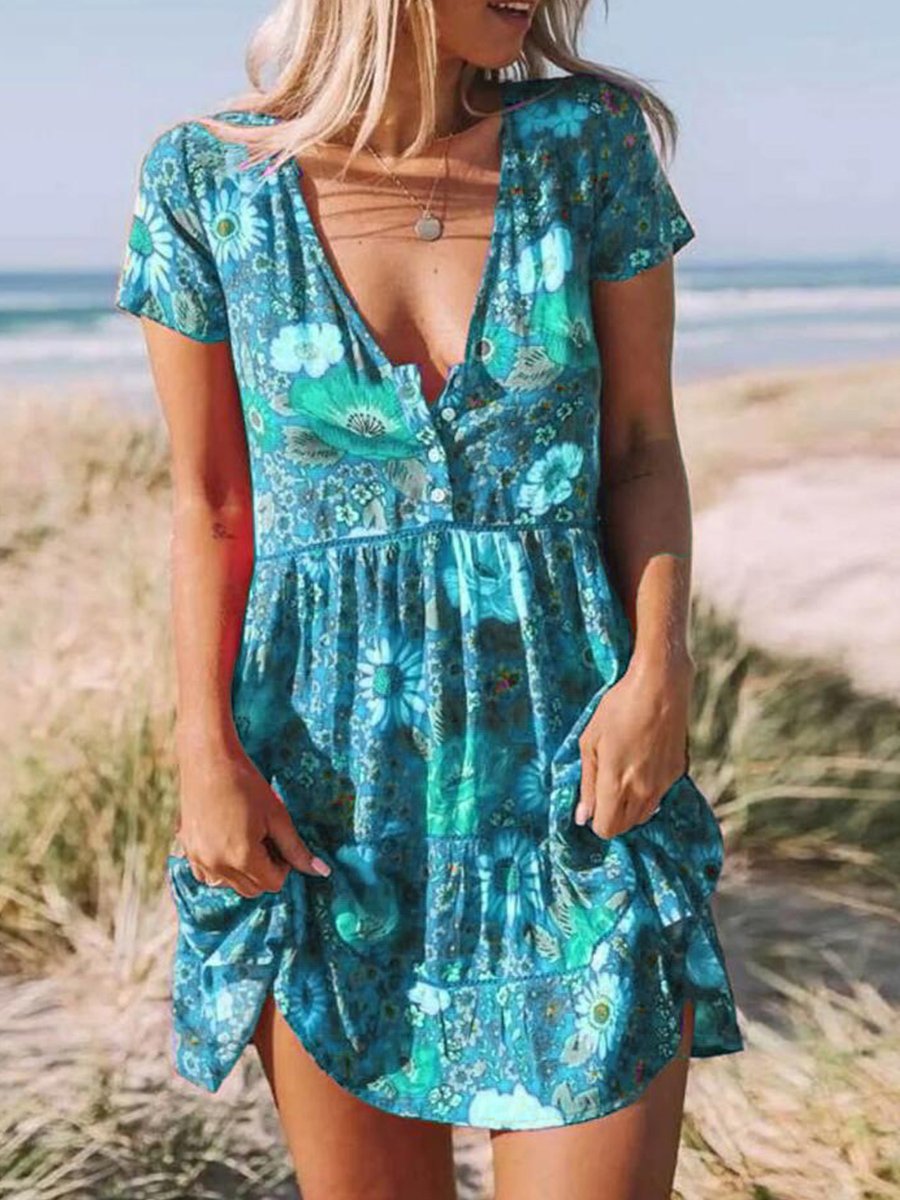 V-neck Short Sleeve Boho Print Mini Dress