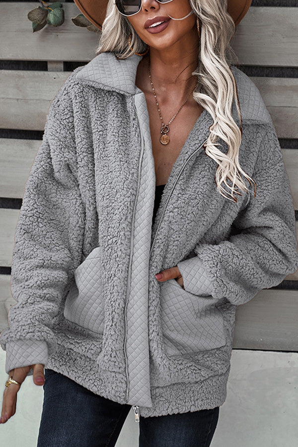 Long Sleeve Pocket Detail Zip Up Teddy Coat