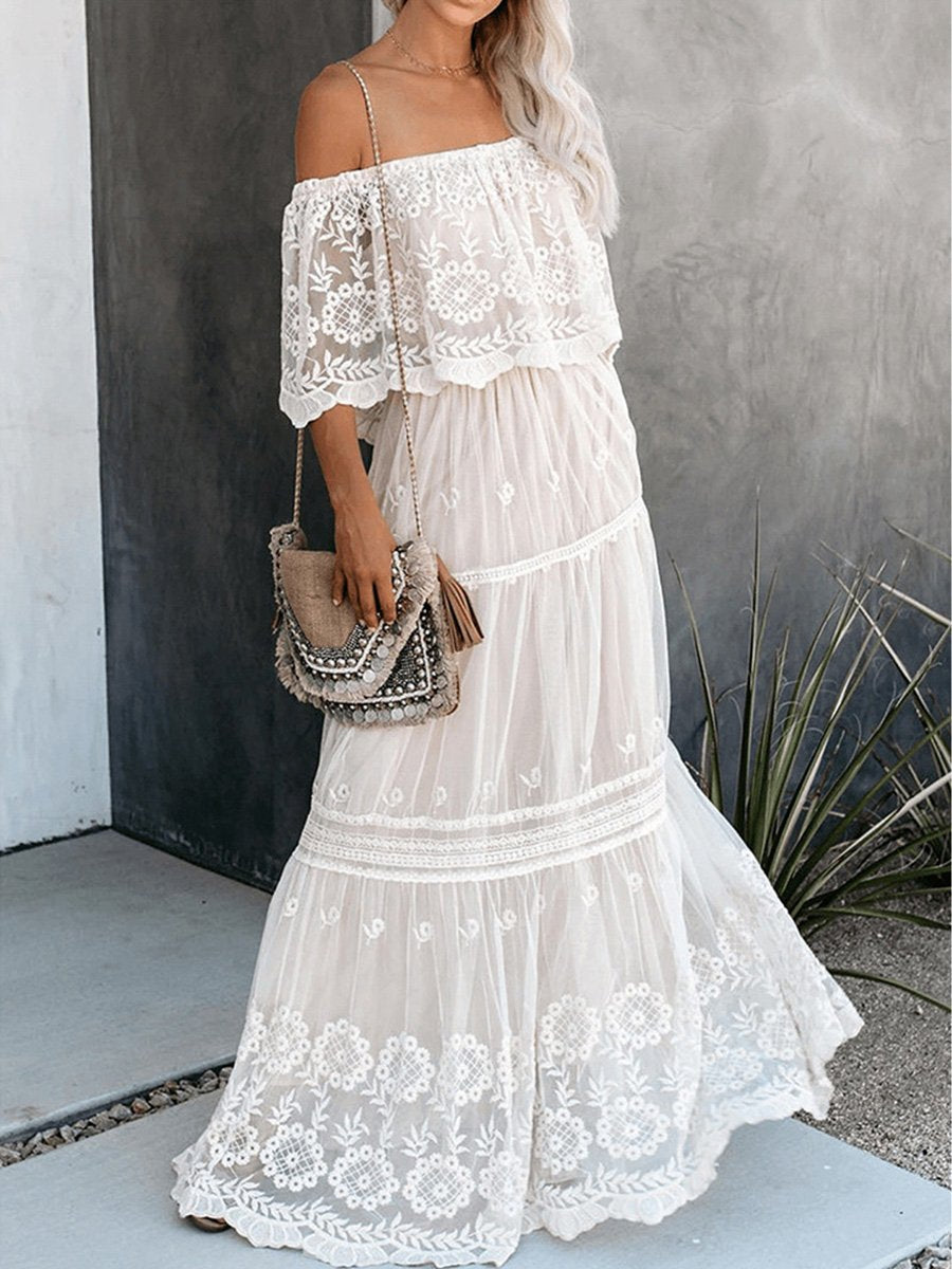 High Waist Off-shoulder Lace Dress
