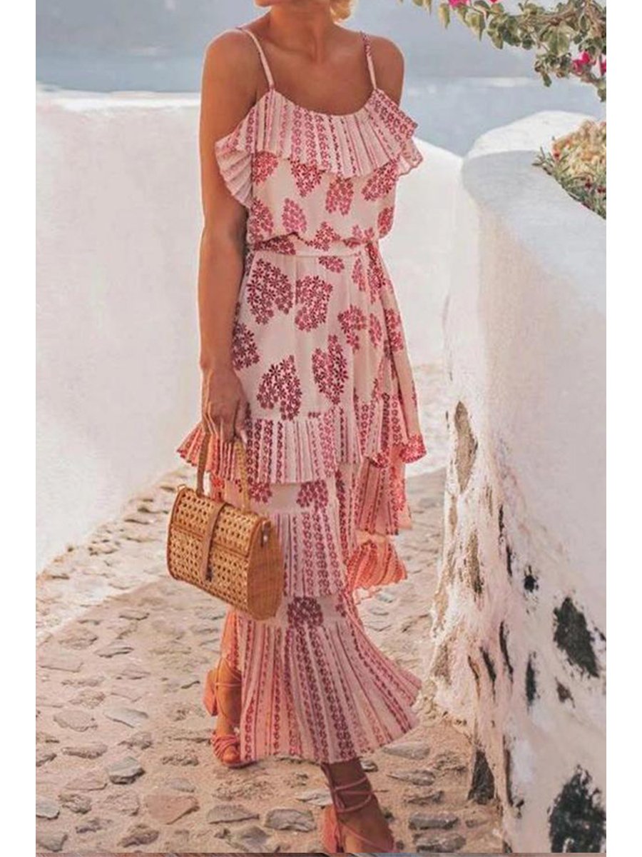 Sweet Floral Print Cascade Sling Dress