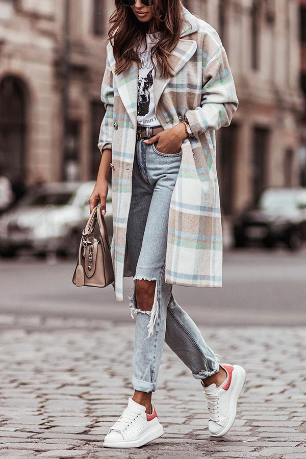 Long-sleeved Single-breasted Plaid Woolen Coat