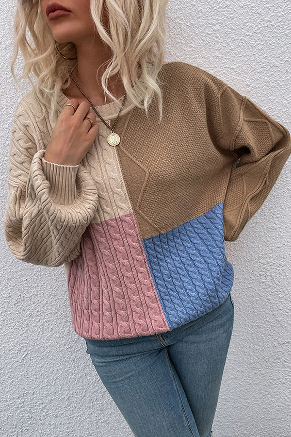 Square Stitching Contrast Color Twist Lantern Sleeve Sweater