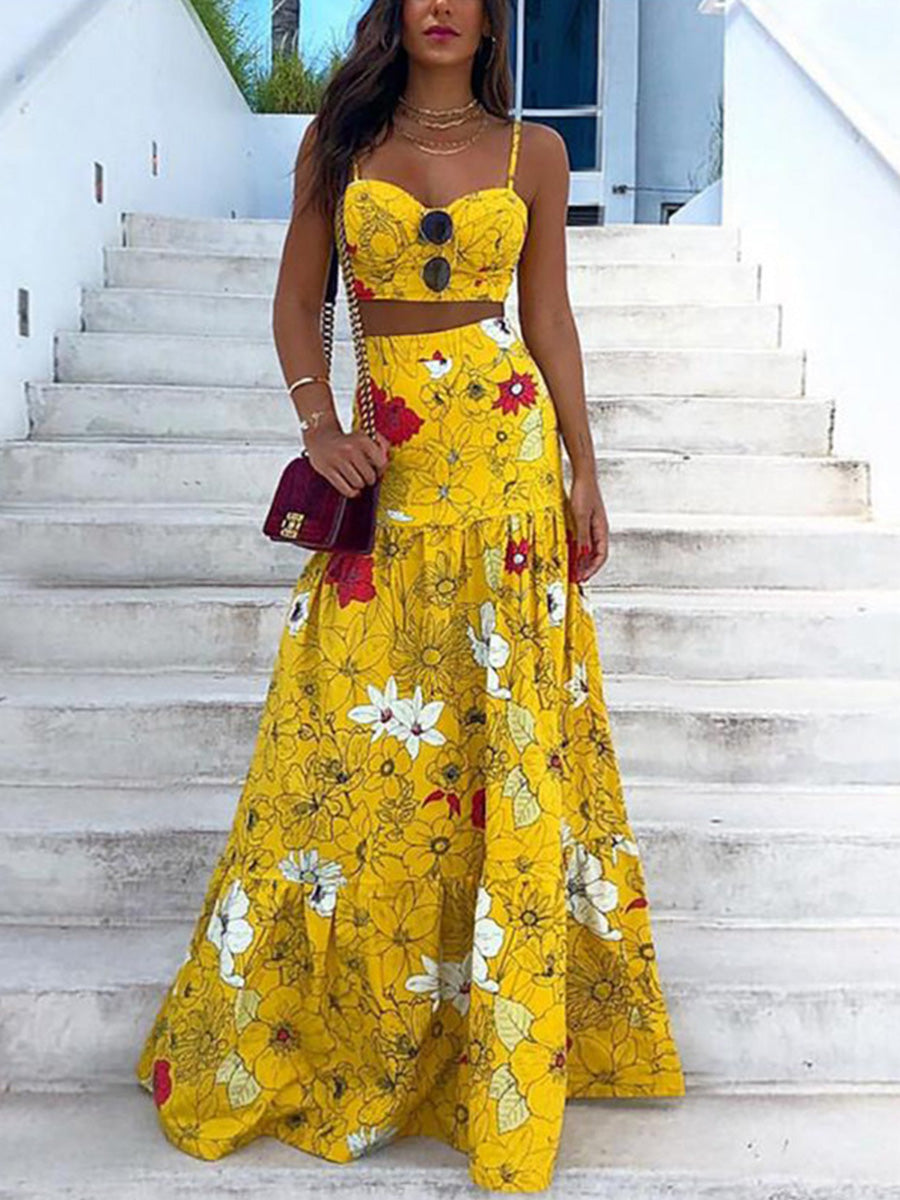 Bohemian Floral Print Long Skirt Suit