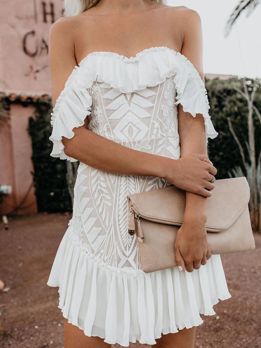 Bouquet Toss Lace Off The Shoulder Pleated Ruffle Dress