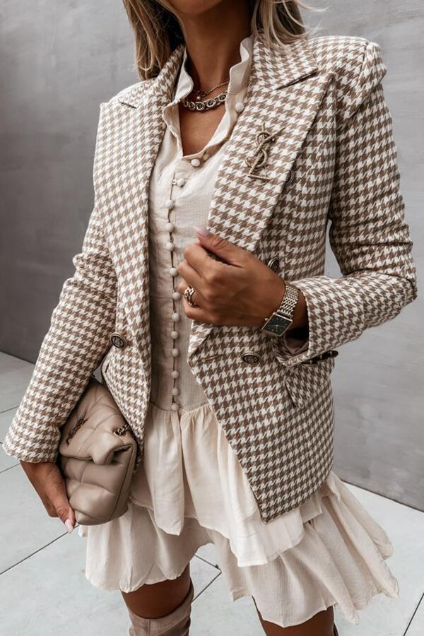 Casual Plaid Wide Collar Button Blazer