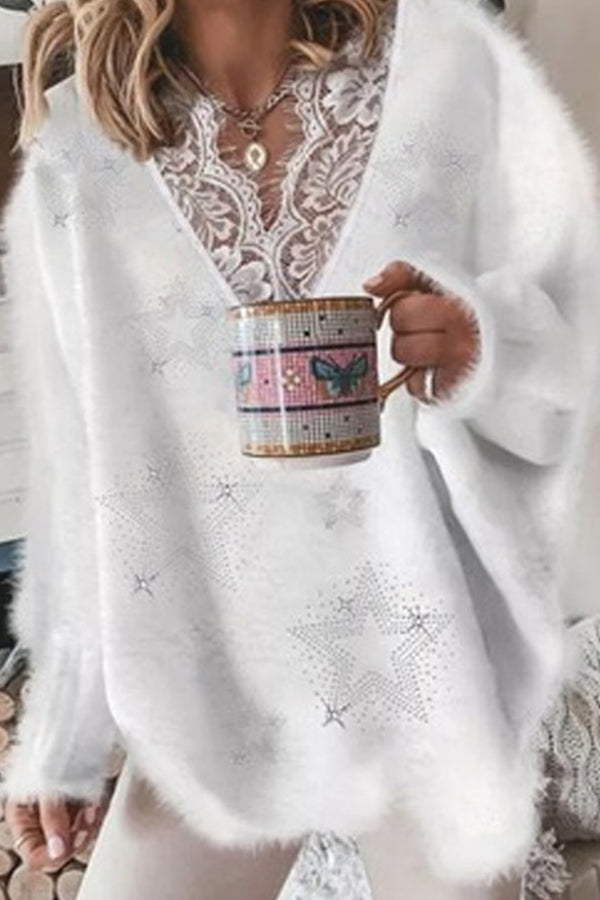 V-Neckline Geometric Sweater Lace Shift Sweaters