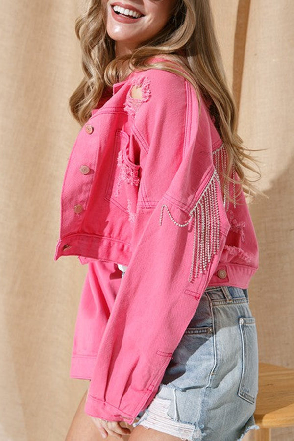 Ripped Rhinestone Fringed Denim Jacket