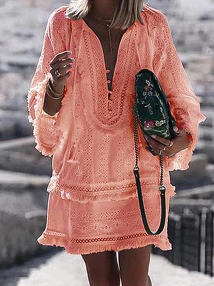 V-neck Solid Tassel Long Sleeve Lace Vacation Dress