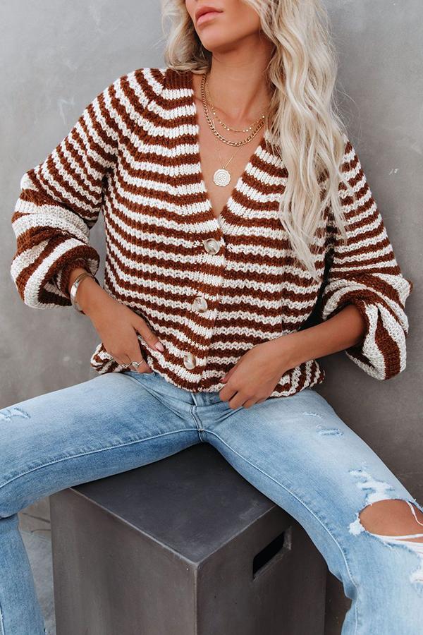 Striped Balloon Sleeve Button Cardigan