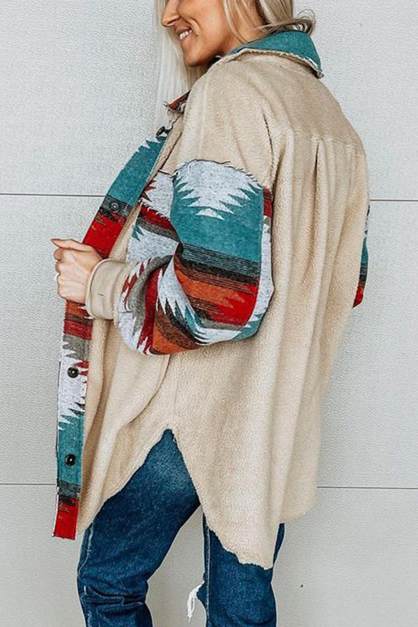 Lapel Cardigan Ethnic Print Plush Jacket
