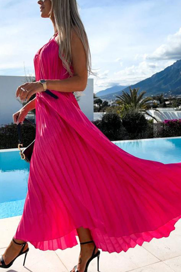 New Pleated Suspender Sweet Waist Closing Bohemian Long Dress