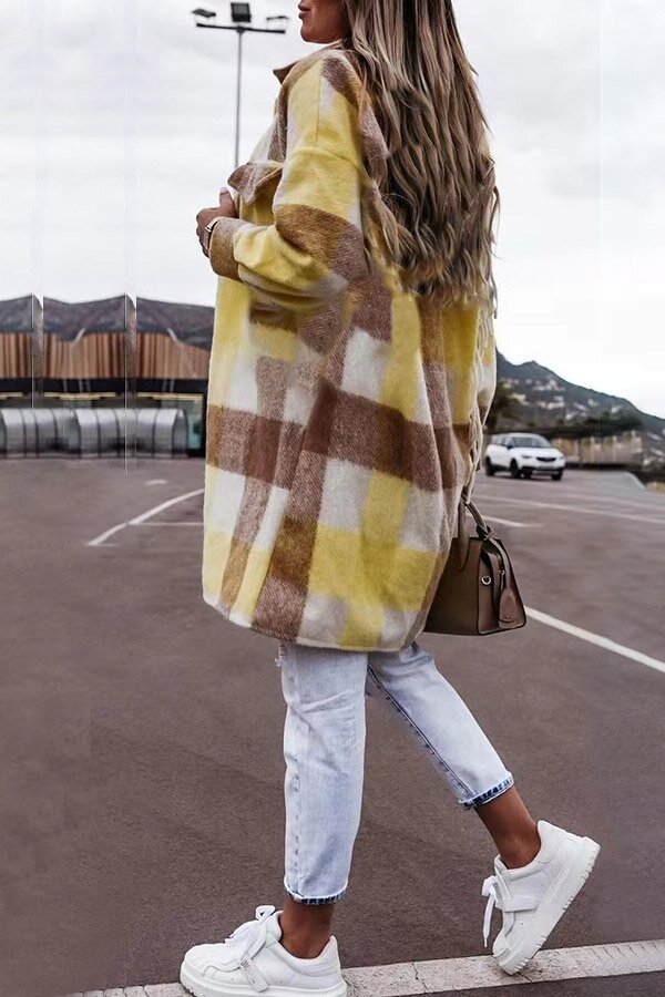 On-trend Mid-length Plaid Lapel Button Down Coat