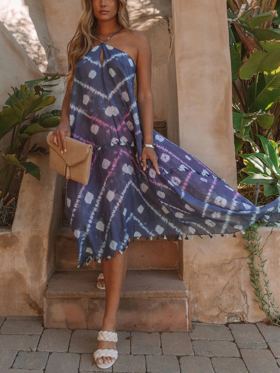 Bohemian Print Halterneck Strap Midi Dress