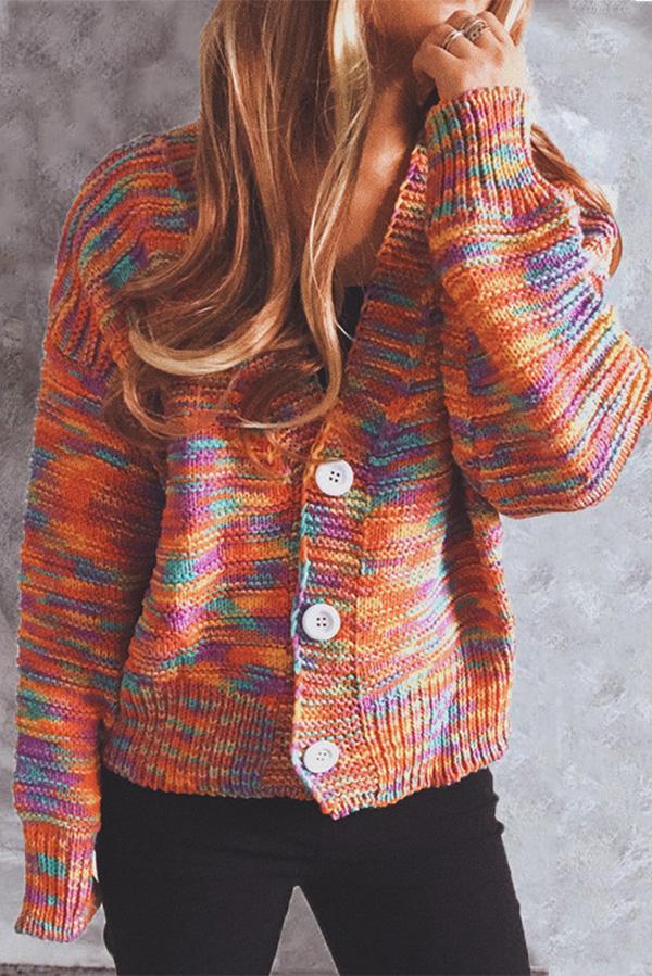 Color Single-breasted Long-sleeved Loose Knit Sweater Cardigan