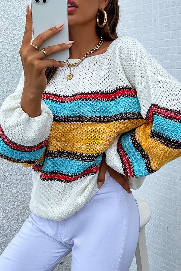 Temperament One Neck Rainbow Striped Knitted Sweater