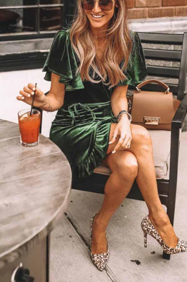 Cute Holiday Velvet Wrap Ruffle Dress