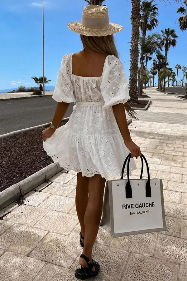 V Neck Crochet Lace Mini Dress