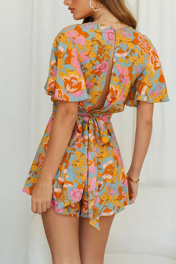 V Neck Flare Sleeve Knot Back Printed Romper