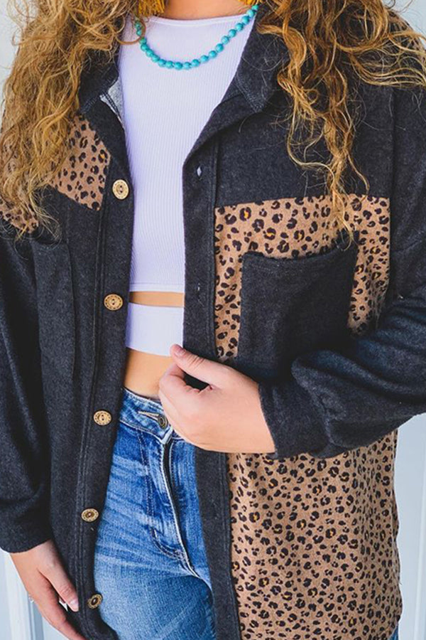 Lapel Leopard Print Pocket Woolen Jacket