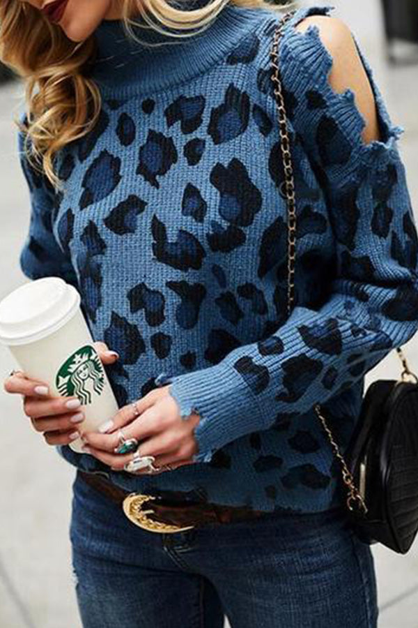 Turtleneck Cold-Shoulder Leopard Sweater