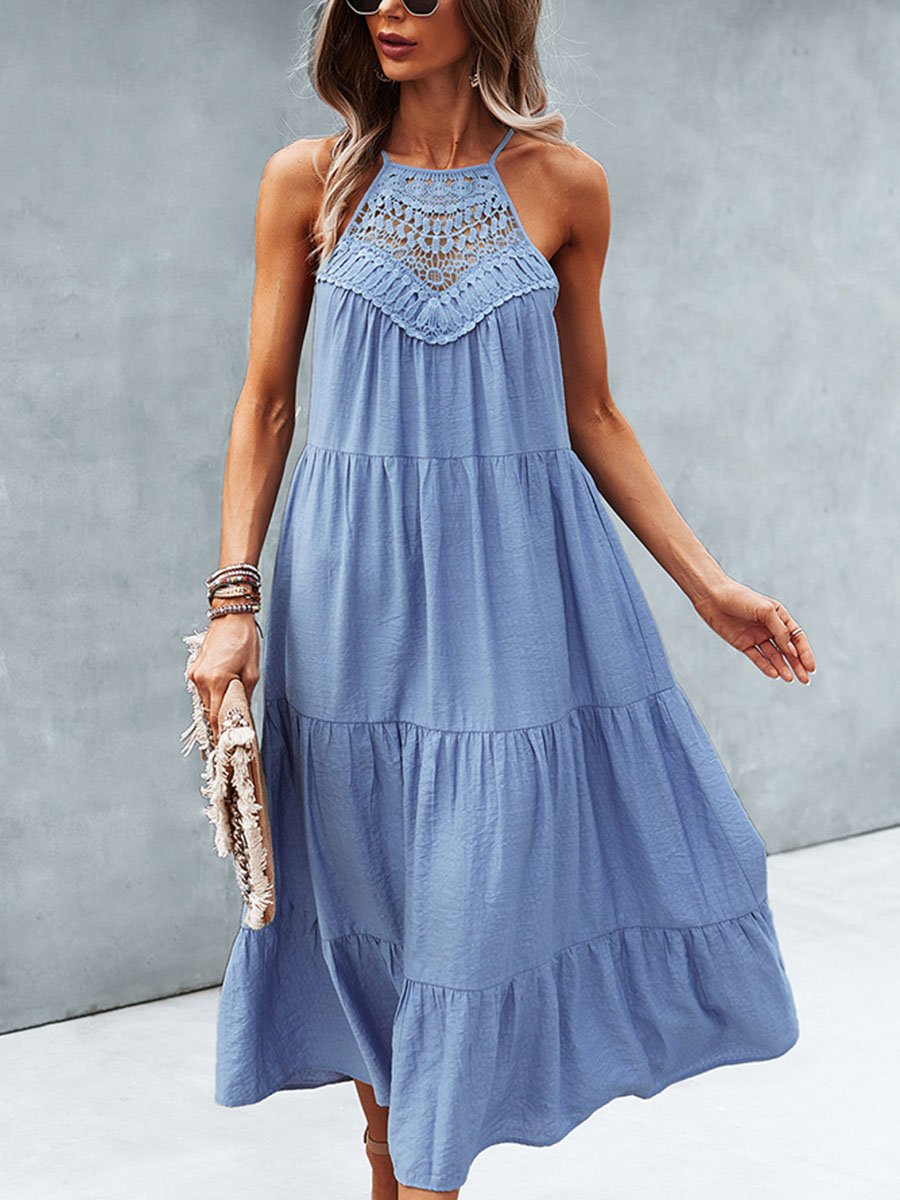 Halter Neck Hollow-out Lace Stiching Midi Dress