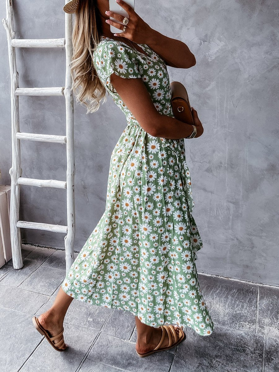 Daisy Print V-neck Short Sleeve Wrap Maxi Dress
