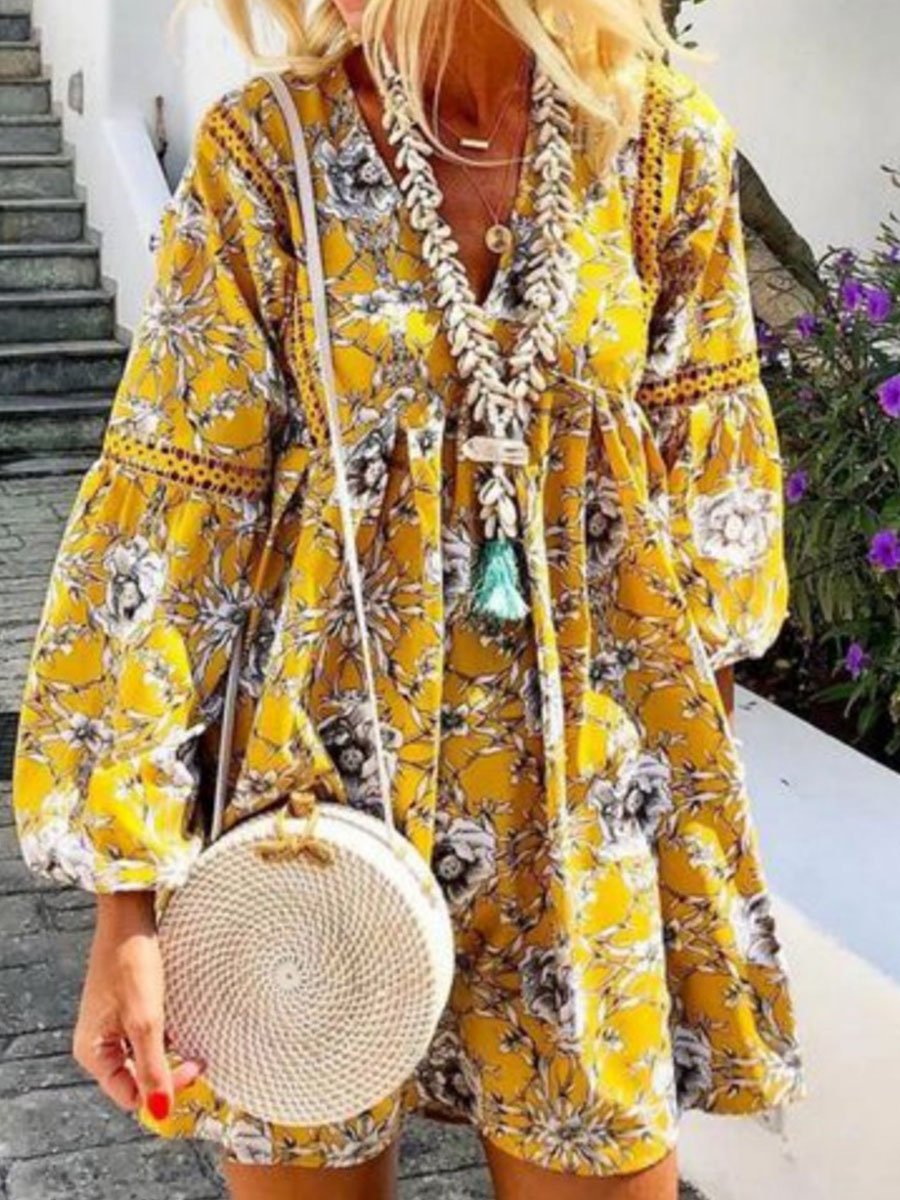 Bohemian Print V-neck Long Sleeve Dress