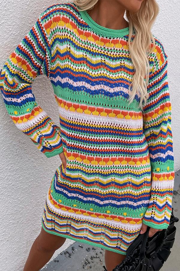 Rainbow Striped Pullover Mid-length Sweater