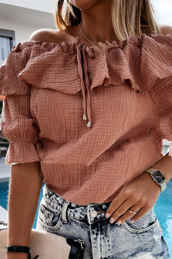 Off Shoulder Ruffle Solid Short Sleeve Shirt