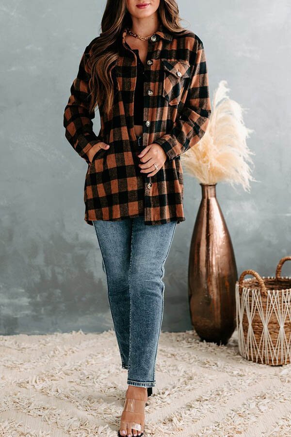 Button Front Lapel Plaid Insert Pocket Shacket