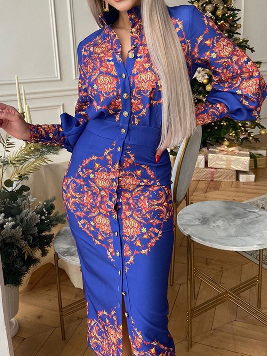 Stand up collar Print Long Sleeve Dress