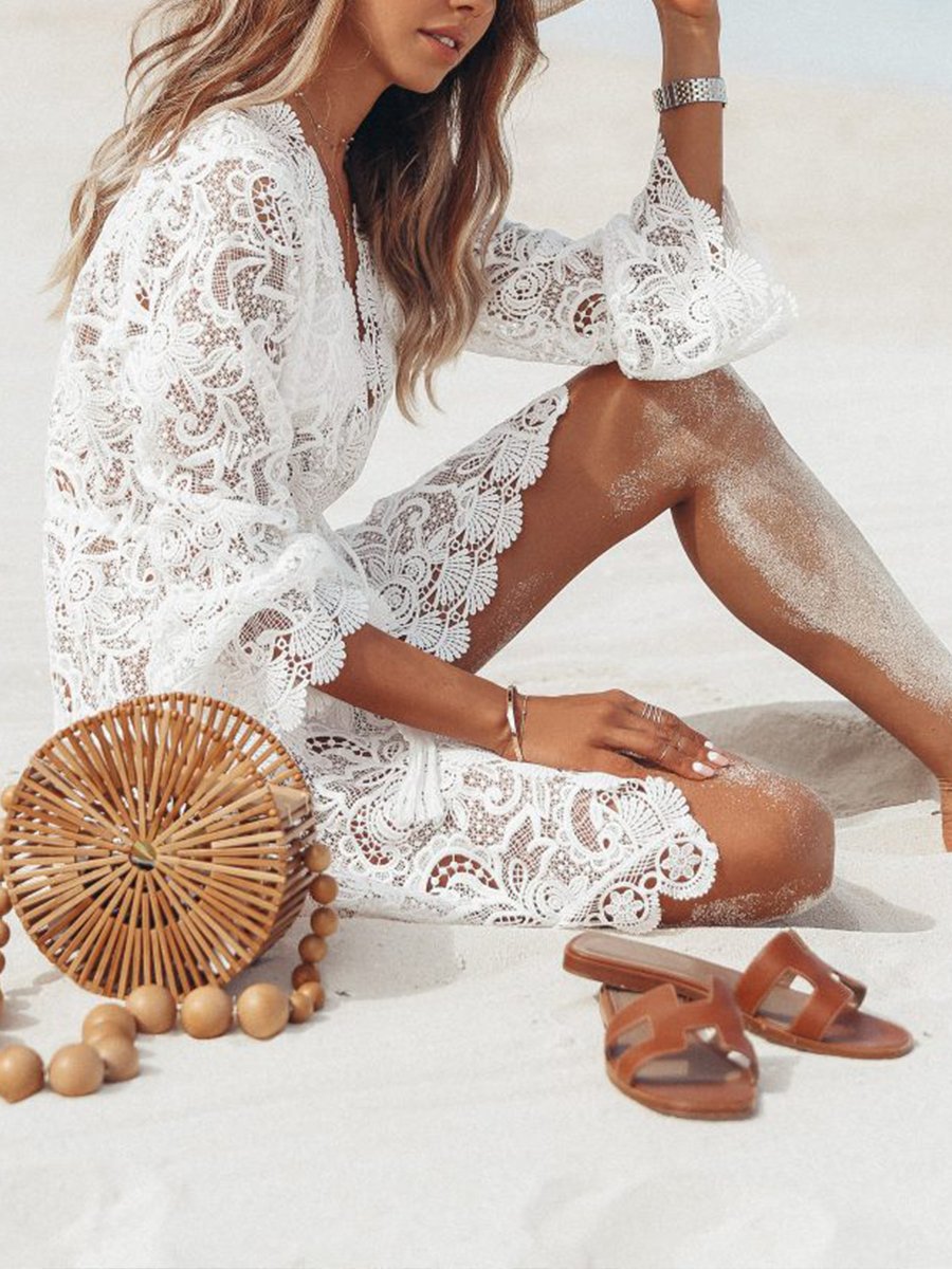 Solid Lace V-Neck Long Sleeve Blouse Beach Dress
