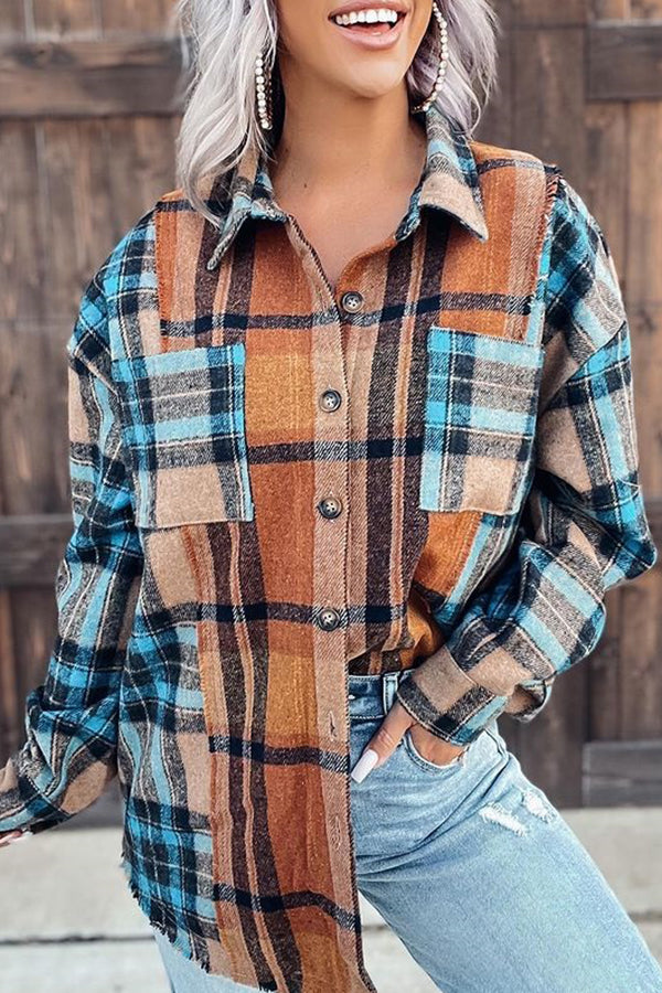 Long Sleeve Pocket Plaid Stitching Shirt
