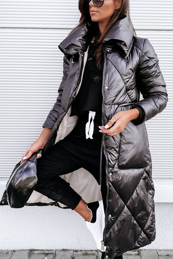 Shiny Solid Color Temperament Lapel Zipper Cotton Coat