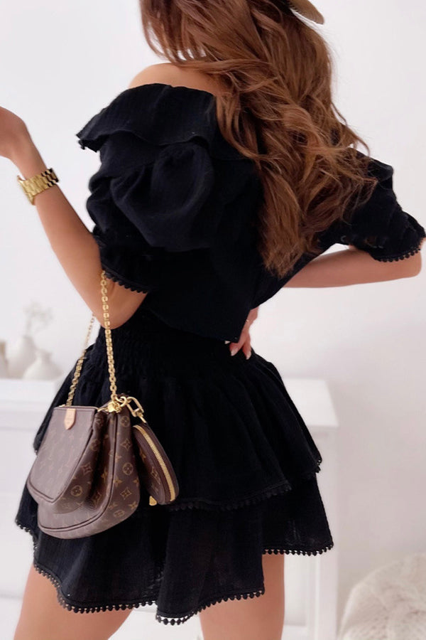 Short Sleeve V-Neck Ruffle Neck Waist Mini Dress