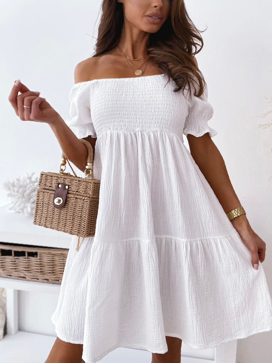 Solid Off-Shoulder Pleated Mini Dress