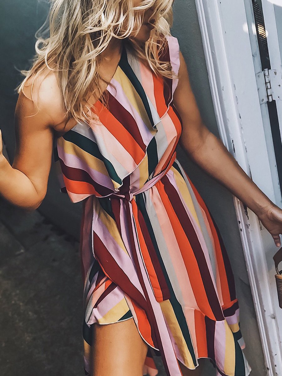 Boho Rainbow Color One-shoulder Dress