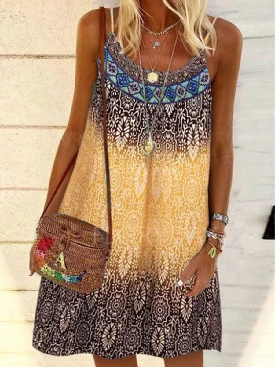 Casual Boho Print U-neck Sleeveless Beach Dress