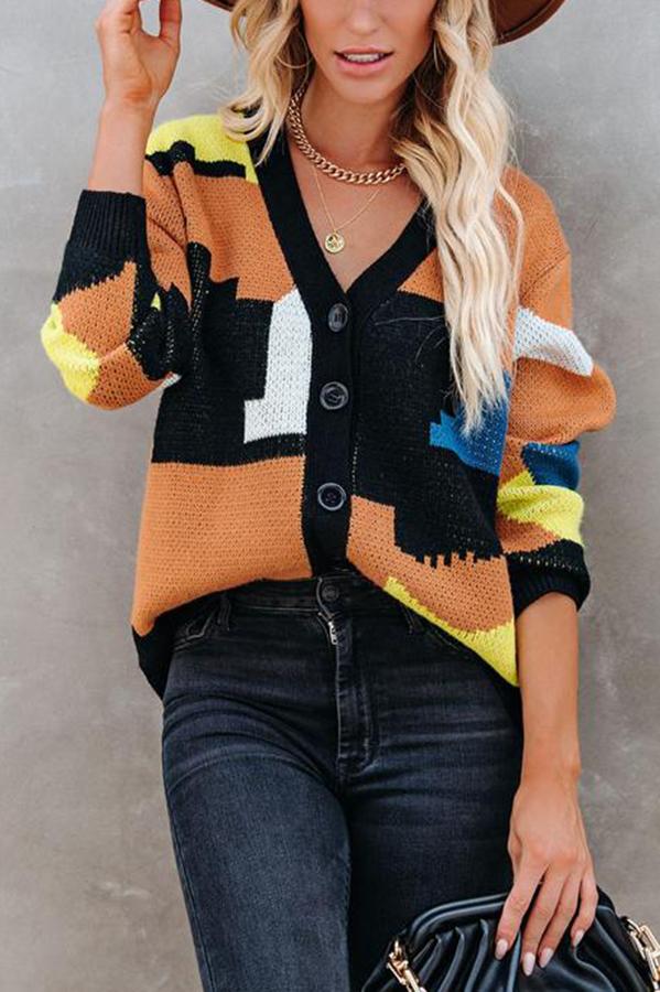 Colorful Puzzle Button Front Abstract Cardigan