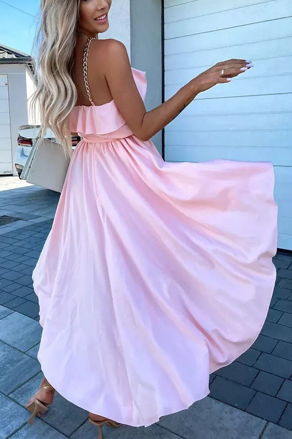 Stay Beautiful Chain Neck Ruffle High Low Dress