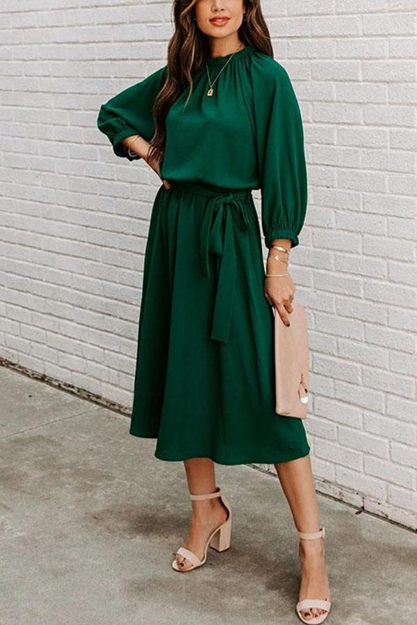 Solid Tie Waist Long Sleeve Swing Dress