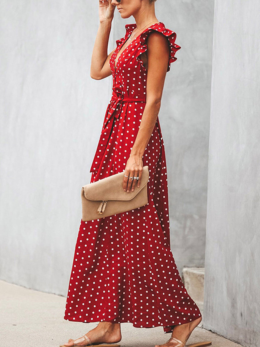 V-neck Ruffle Sleeve Wrap Maxi Dress