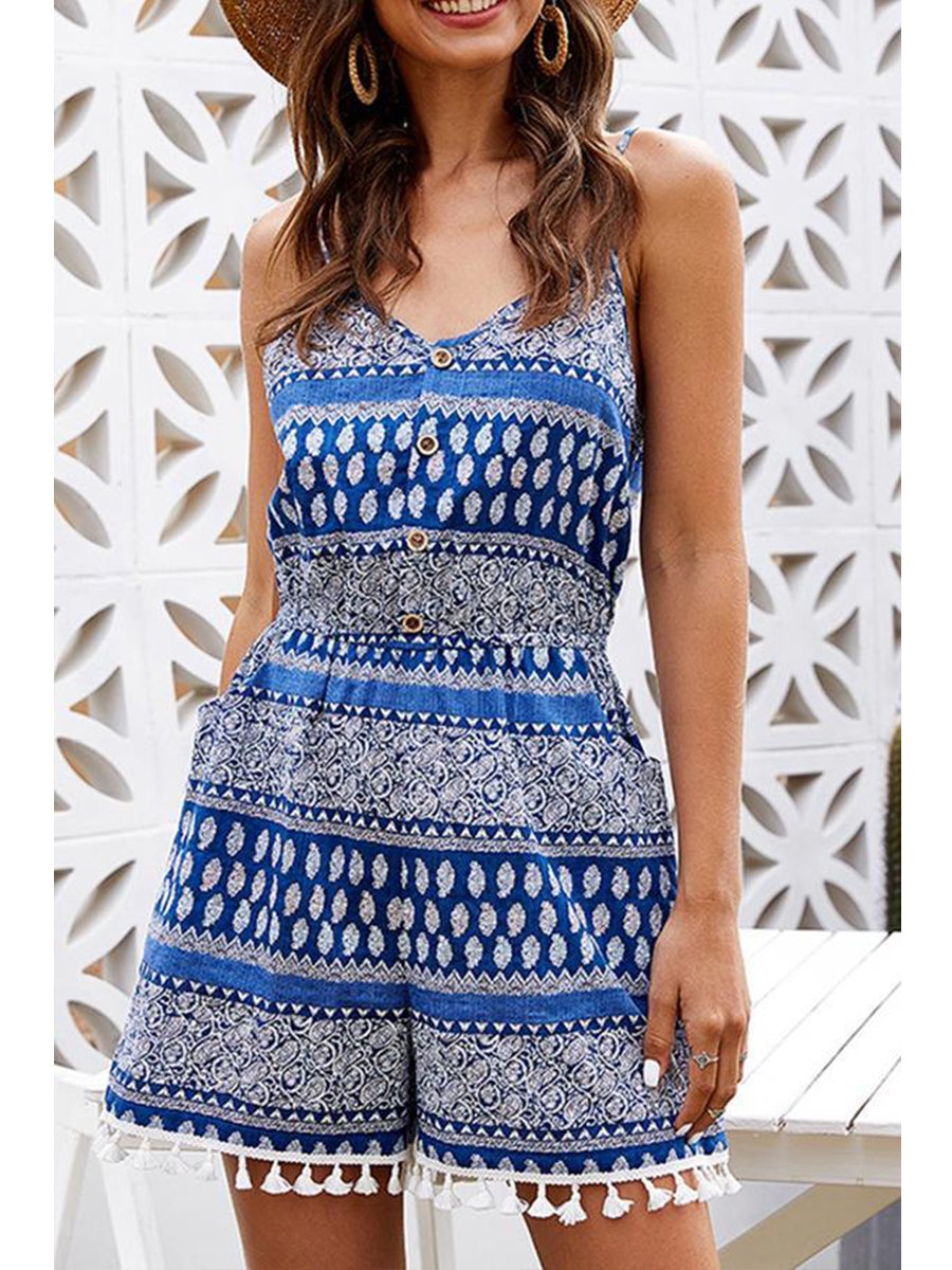 Laid Back Geometric Print Tassels Romper