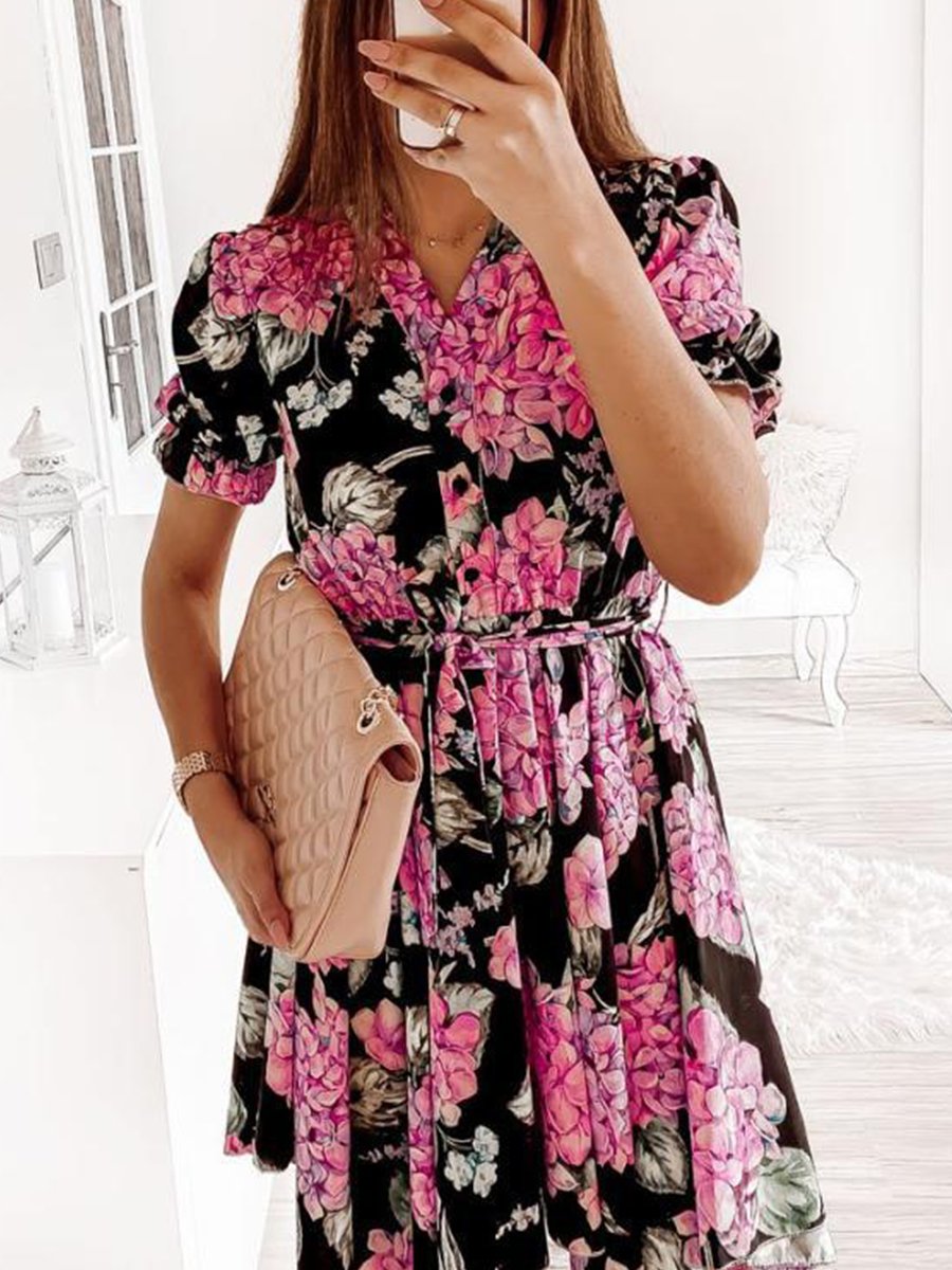 V-neck Print Short-sleeved High-low Midi Dress