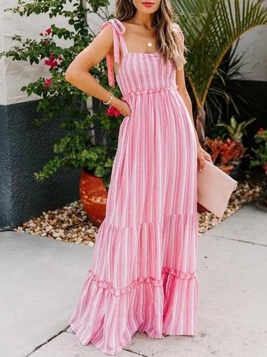 Casual Straps Striped Maxi Pleated Dress