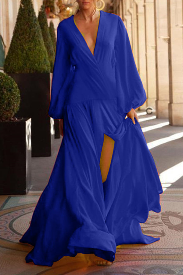 Solid Color Deep V-neck Puff Sleeve Long Dress