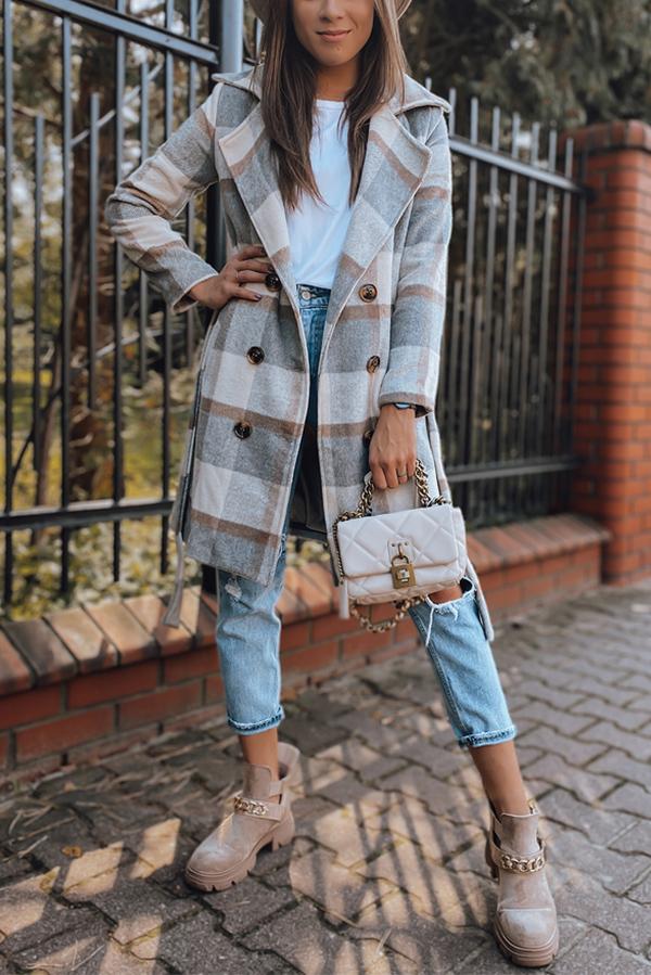 Double Row Button Checked Wool Coat